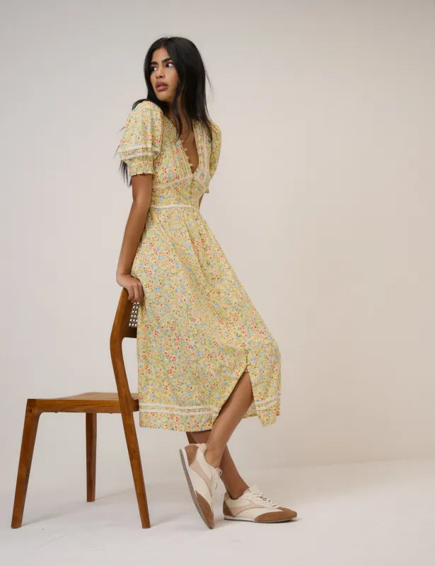 Yellow Ditsy Floral Saffy Midi Tea Dress sold by Nobody's Child