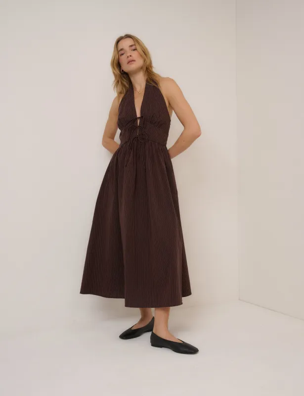 Brown Stripe Lilijana Halter Neck Midi Dress sold by Nobody's Child