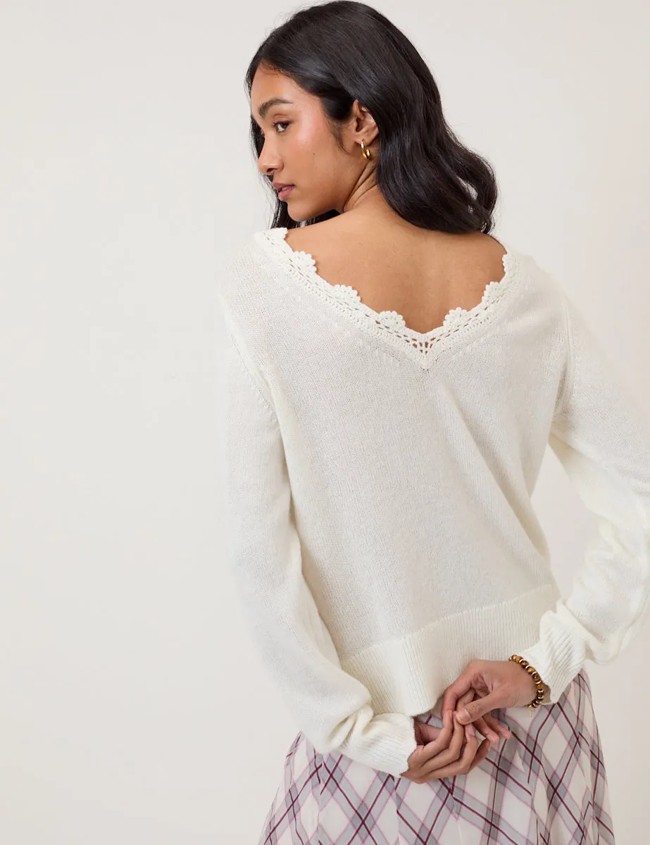 White Crochet Trim V-Neck Jumper sold by Nobody's Child product image thumbnail 5