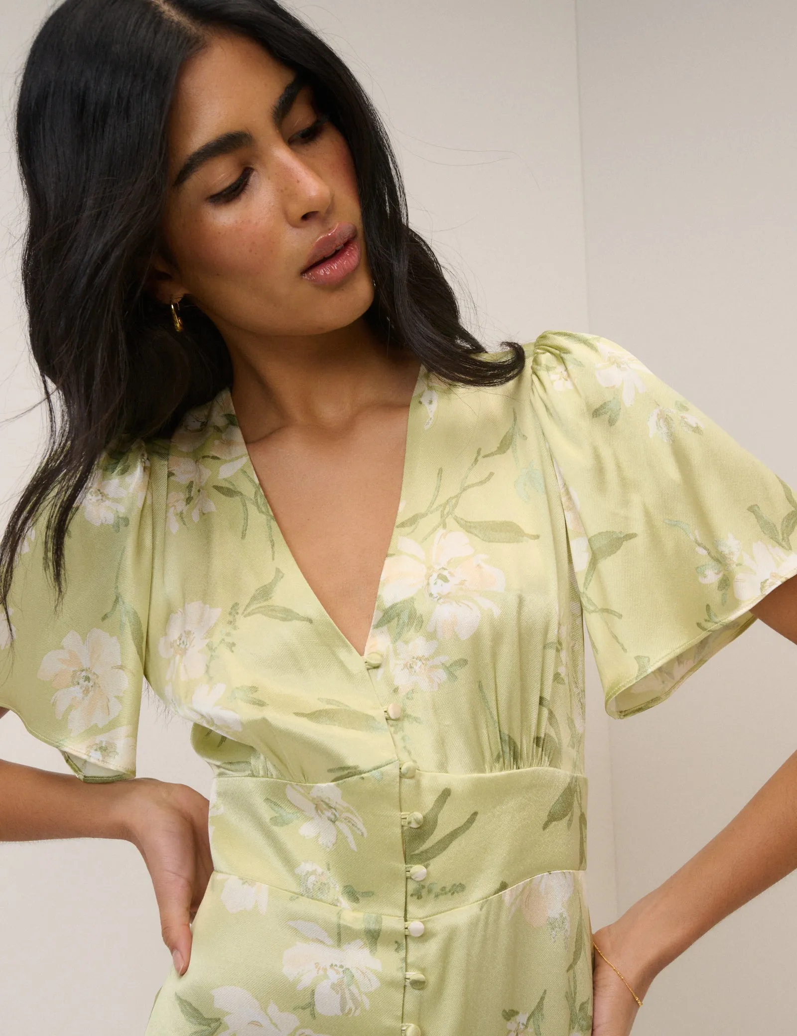 Sage Green Floral Satin Erin Maxi Dress sold by Nobody's Child product image thumbnail 4