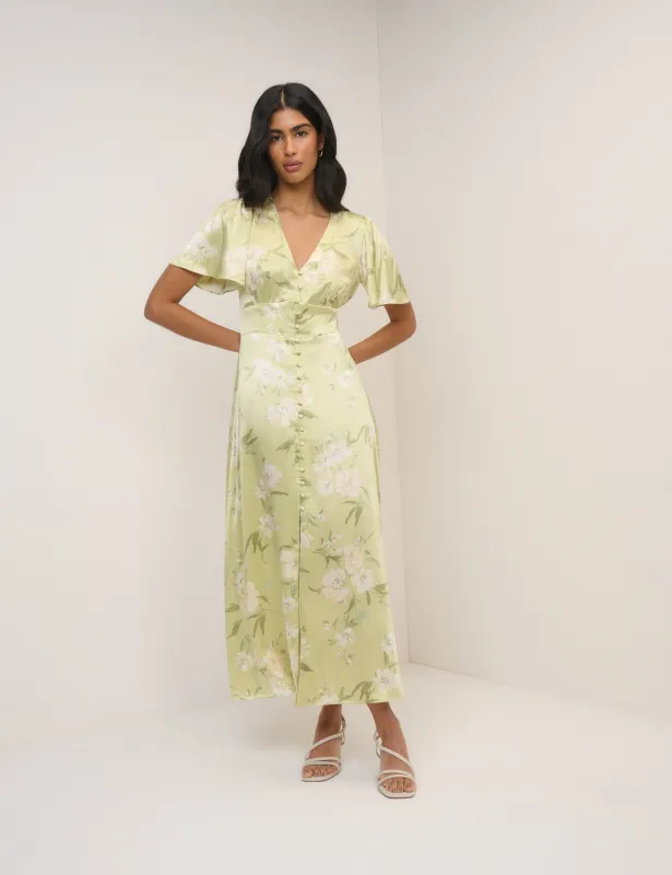 Sage Green Floral Satin Erin Maxi Dress sold by Nobody's Child