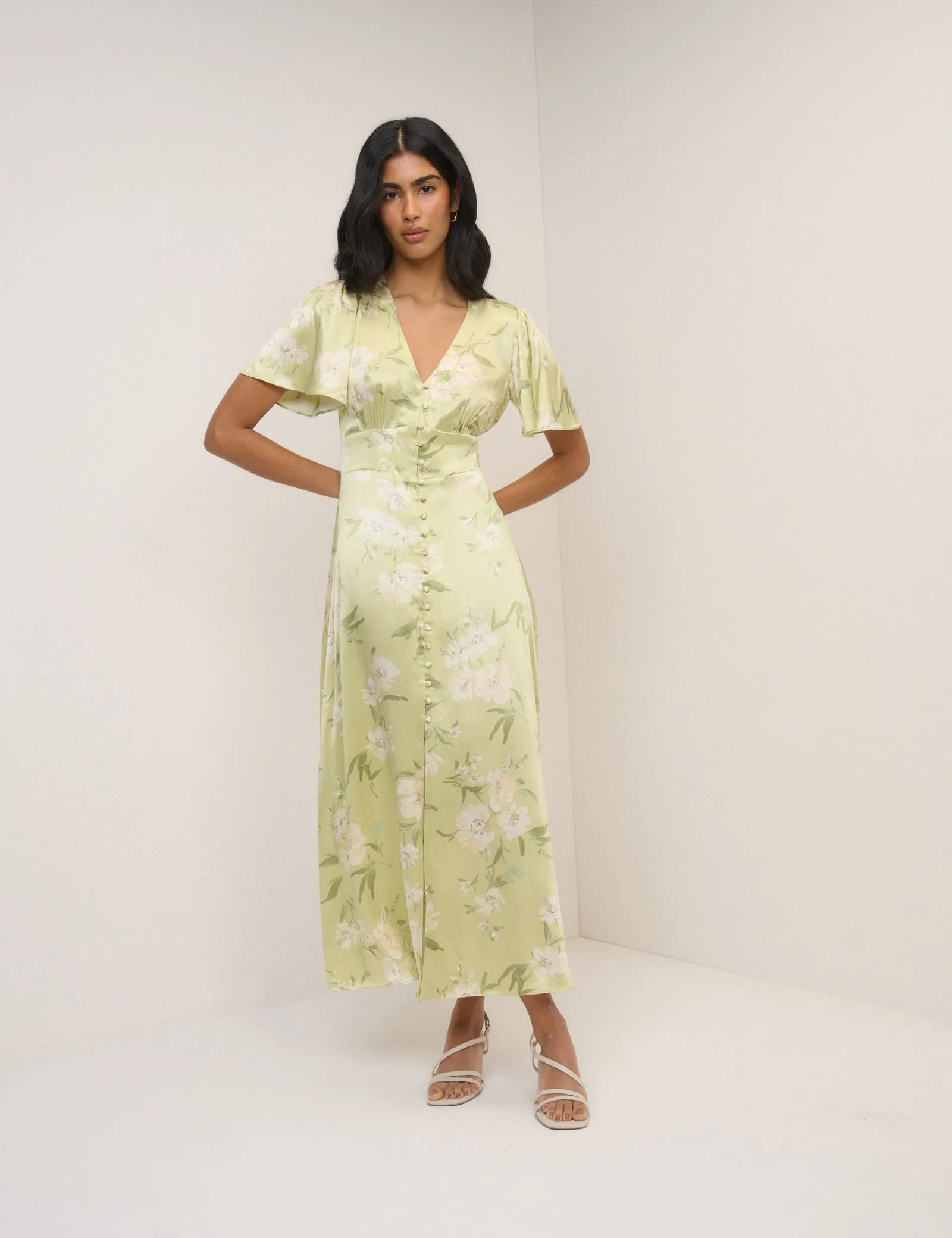 Sage Green Floral Satin Erin Maxi Dress sold by Nobody's Child