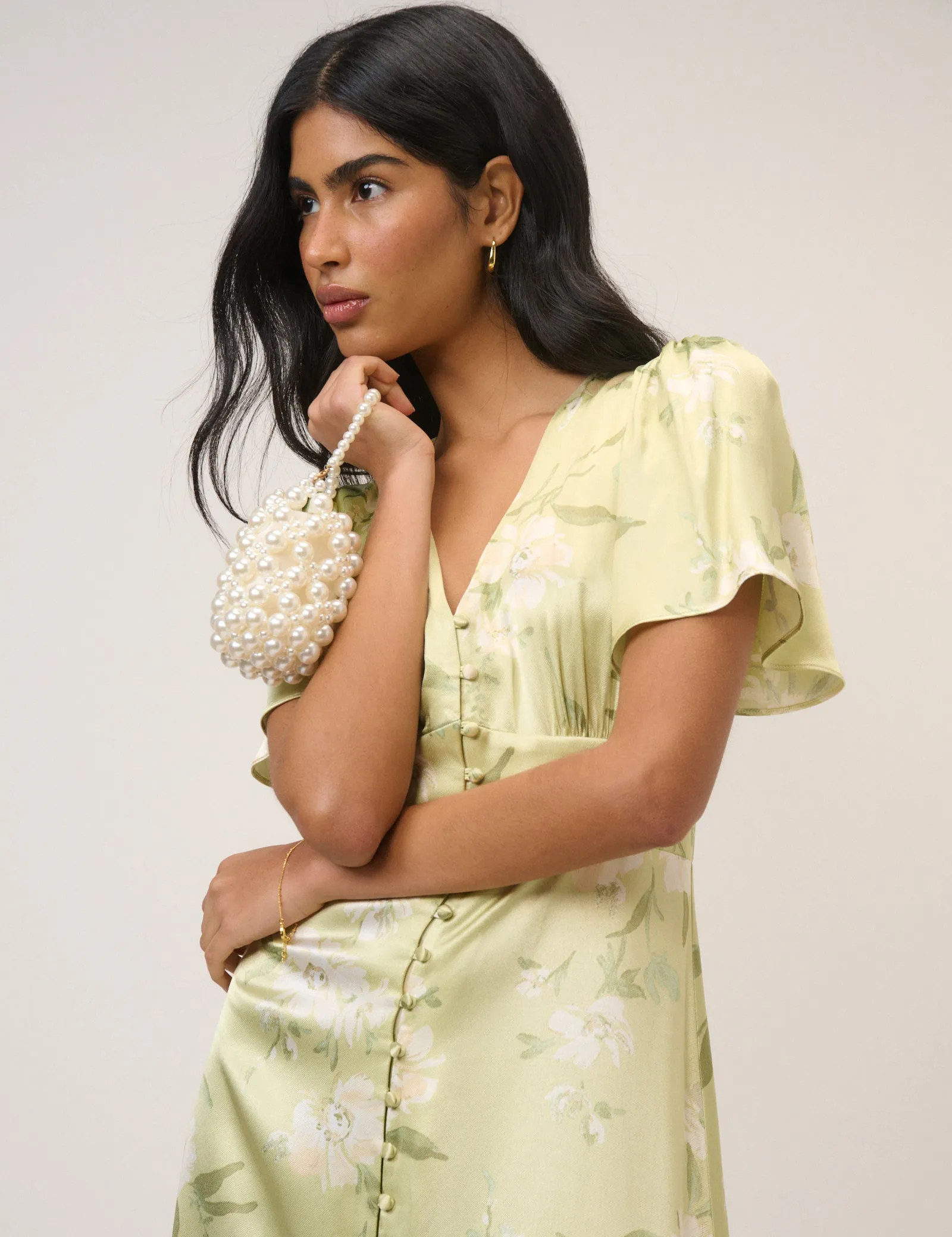 Sage Green Floral Satin Erin Maxi Dress sold by Nobody's Child product image thumbnail 3