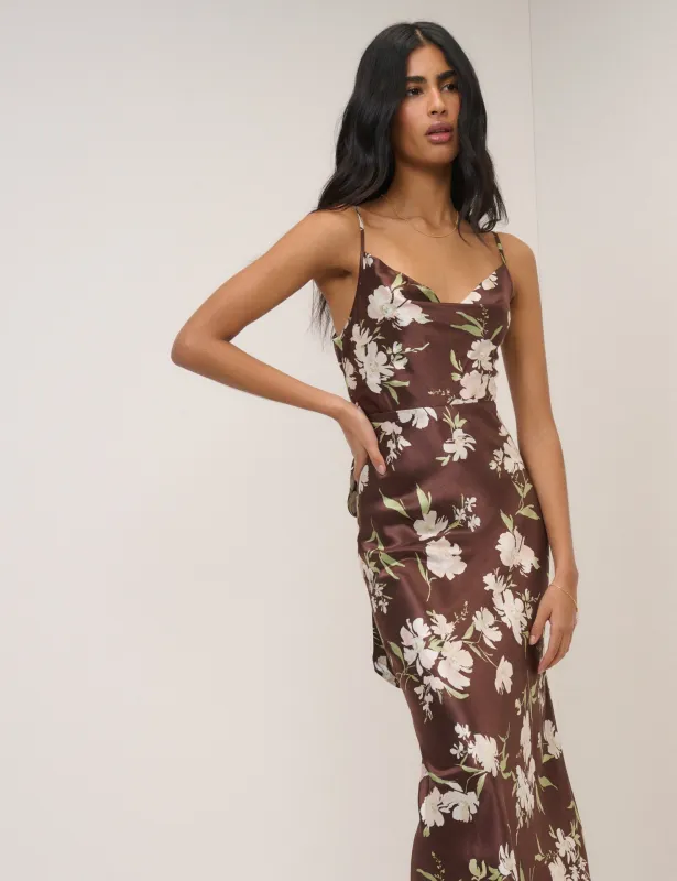 Chocolate Brown Floral Strappy Ellison Maxi sold by Nobody's Child