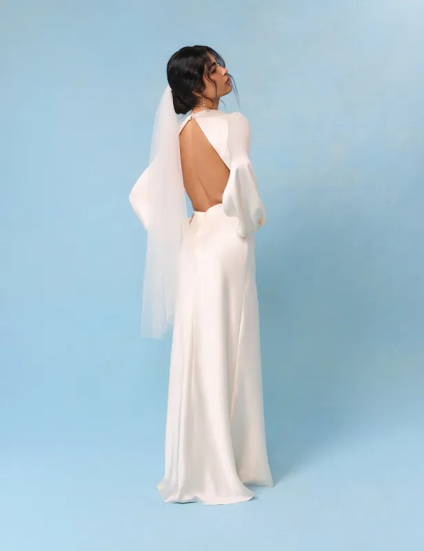 Bridal Ivory Satin Open Back Long Sleeve Isadora Maxi Dress sold by Nobody's Child