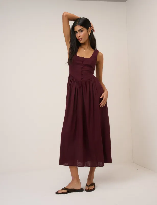 Plum Linen-blend Cora Midi Dress sold by Nobody's Child