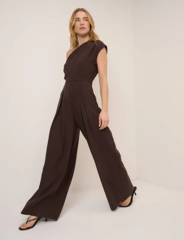 Brown One Shoulder Sanaria Jumpsuit sold by Nobody's Child