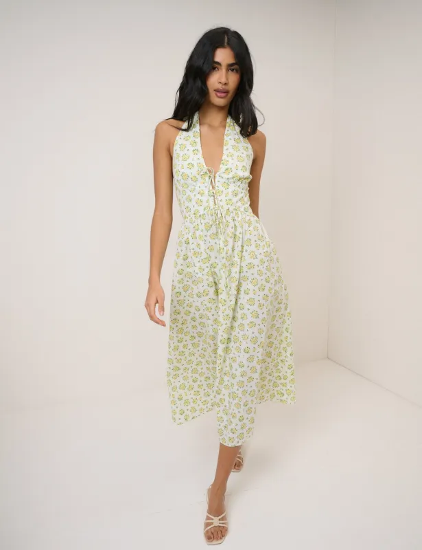 Yellow Floral Halter Neck  Lilijana Midi Dress sold by Nobody's Child