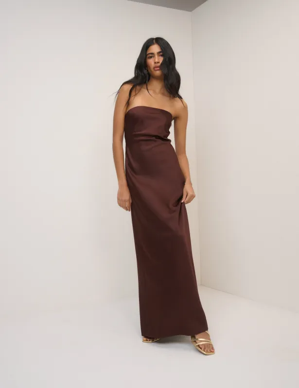 Chocolate Brown Satin Bandeau Arden Maxi Dress sold by Nobody's Child