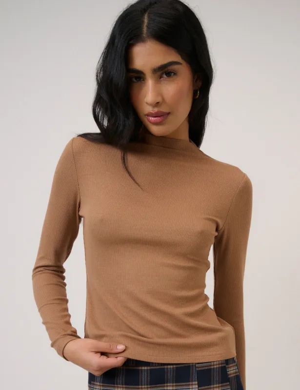 Brown High Neck Ribbed Top sold by Nobody's Child