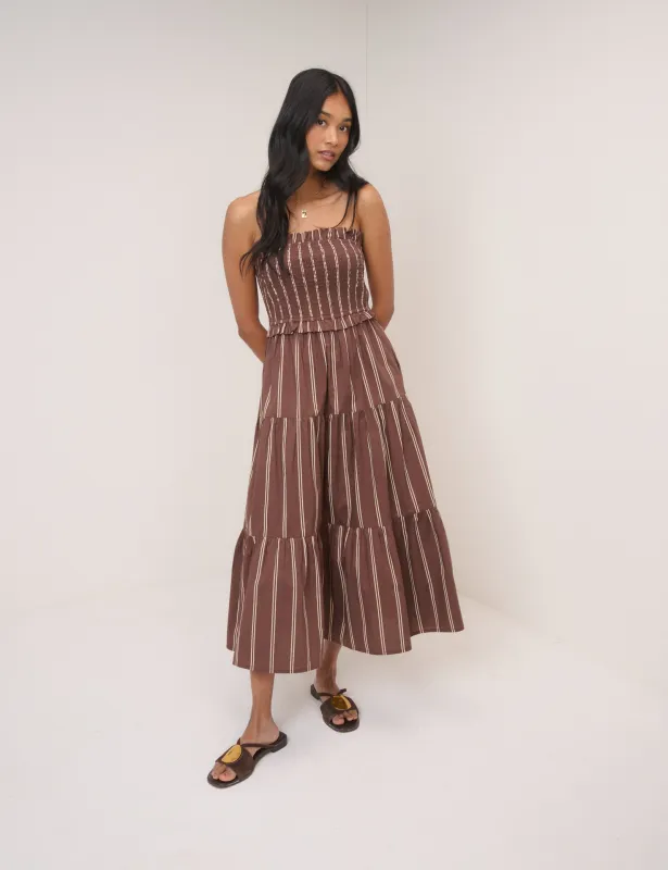 Brown Striped Eva Midi Bandeau Dress sold by Nobody's Child