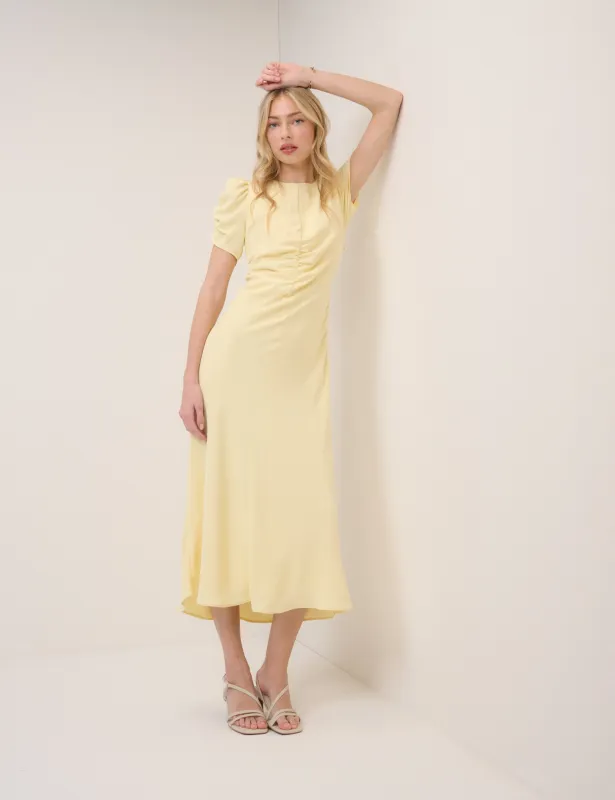 Butter Yellow Ruched Naomi Midi Dress sold by Nobody's Child