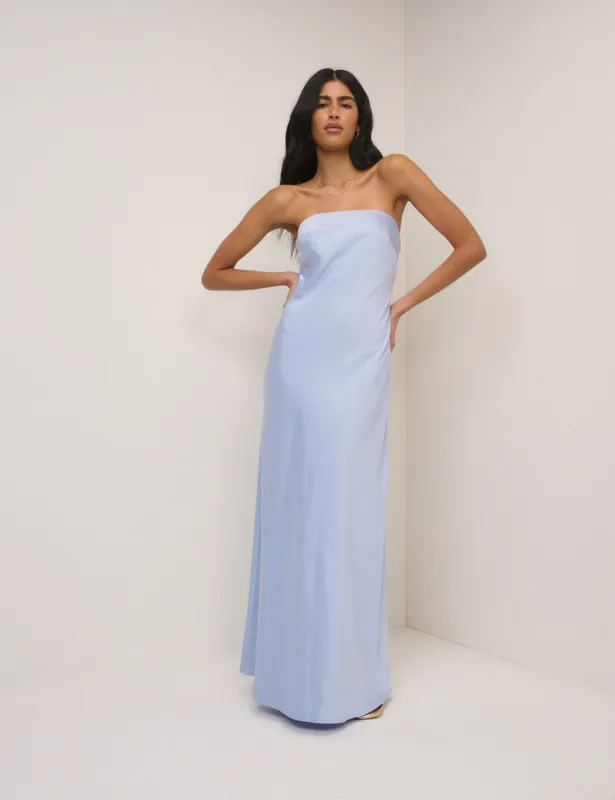 Soft Blue Satin Bandeau Arden Maxi Dress made by Nobody's Child