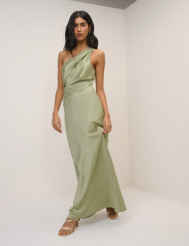 Sage Satin One-Shoulder Sloane Maxi Dress made by Nobody's Child