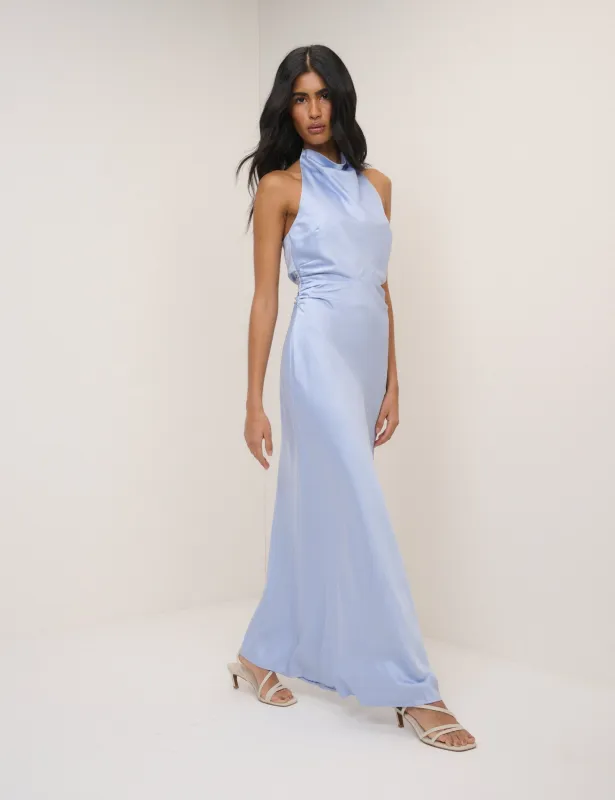 Soft Blue Satin Column Devin Maxi Dress sold by Nobody's Child
