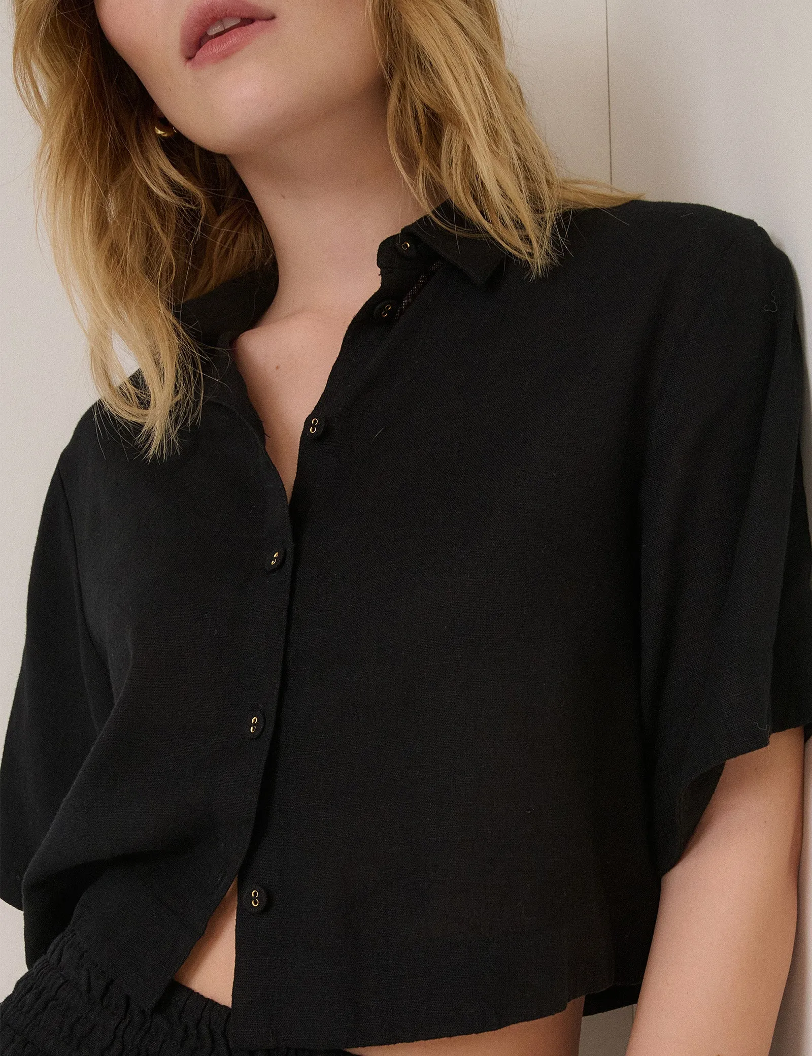 Black Linen-Blend Cropped Shirt sold by Nobody's Child