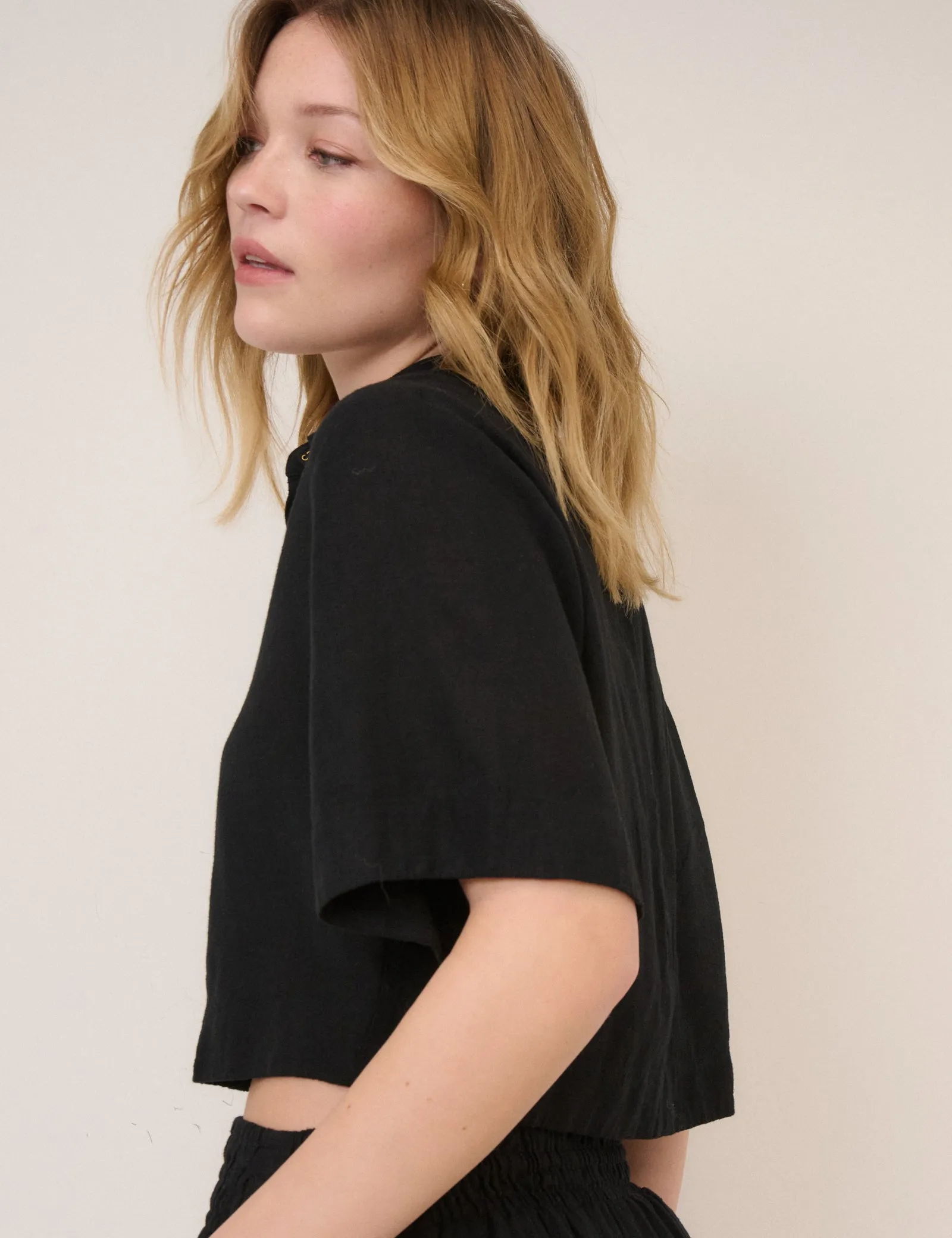 Black Linen-Blend Cropped Shirt sold by Nobody's Child product image thumbnail 4