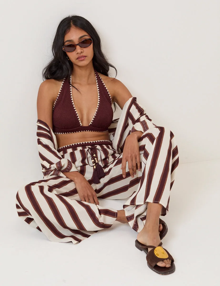 Brown Striped Linen-Blend Wide Leg Trousers sold by Nobody's Child product image thumbnail 4