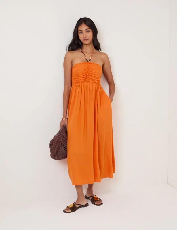 Orange Linen-Blend Halterneck Midi Dress sold by Nobody's Child