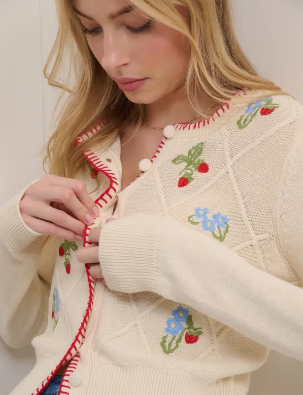 Cream Strawberry Embroidered Cardigan made by Nobody's Child