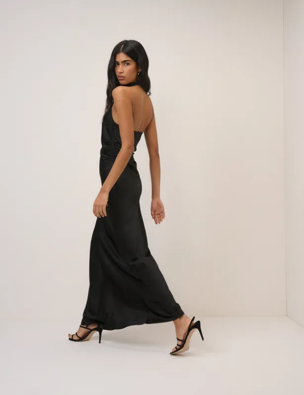 Black Satin Column Devin Maxi Dress sold by Nobody's Child