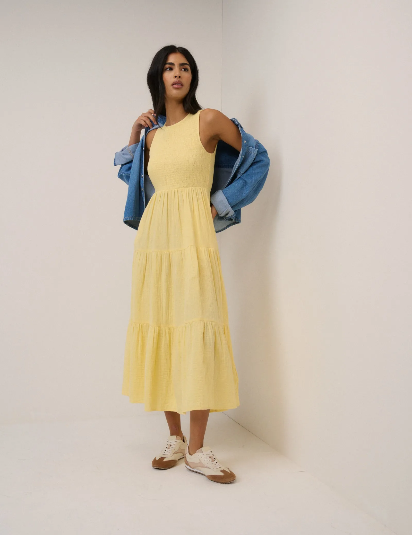 Butter Yellow Sleeveless Charlie Midi Dress sold by Nobody's Child