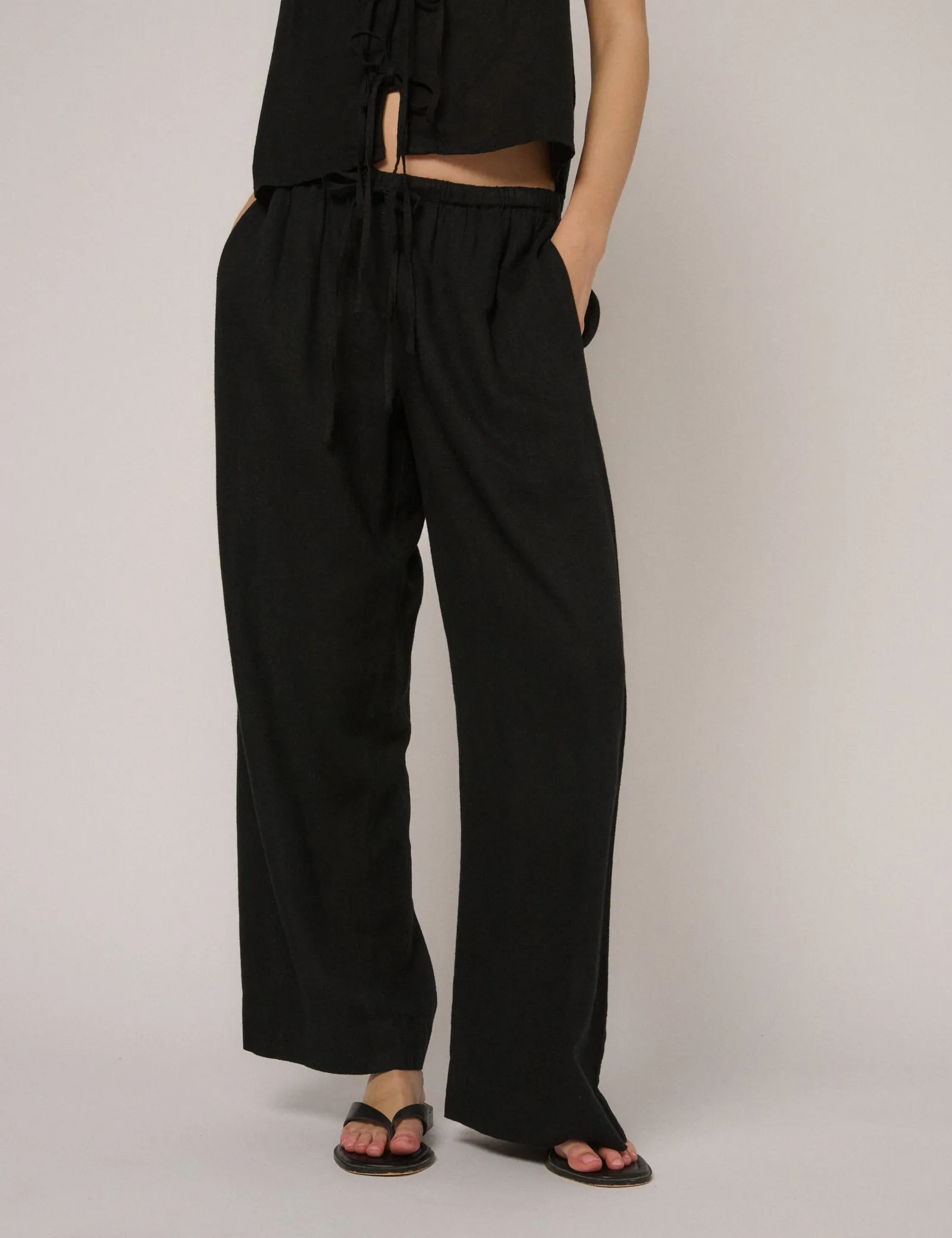 Black Linen-Blend Low Waisted Trousers sold by Nobody's Child