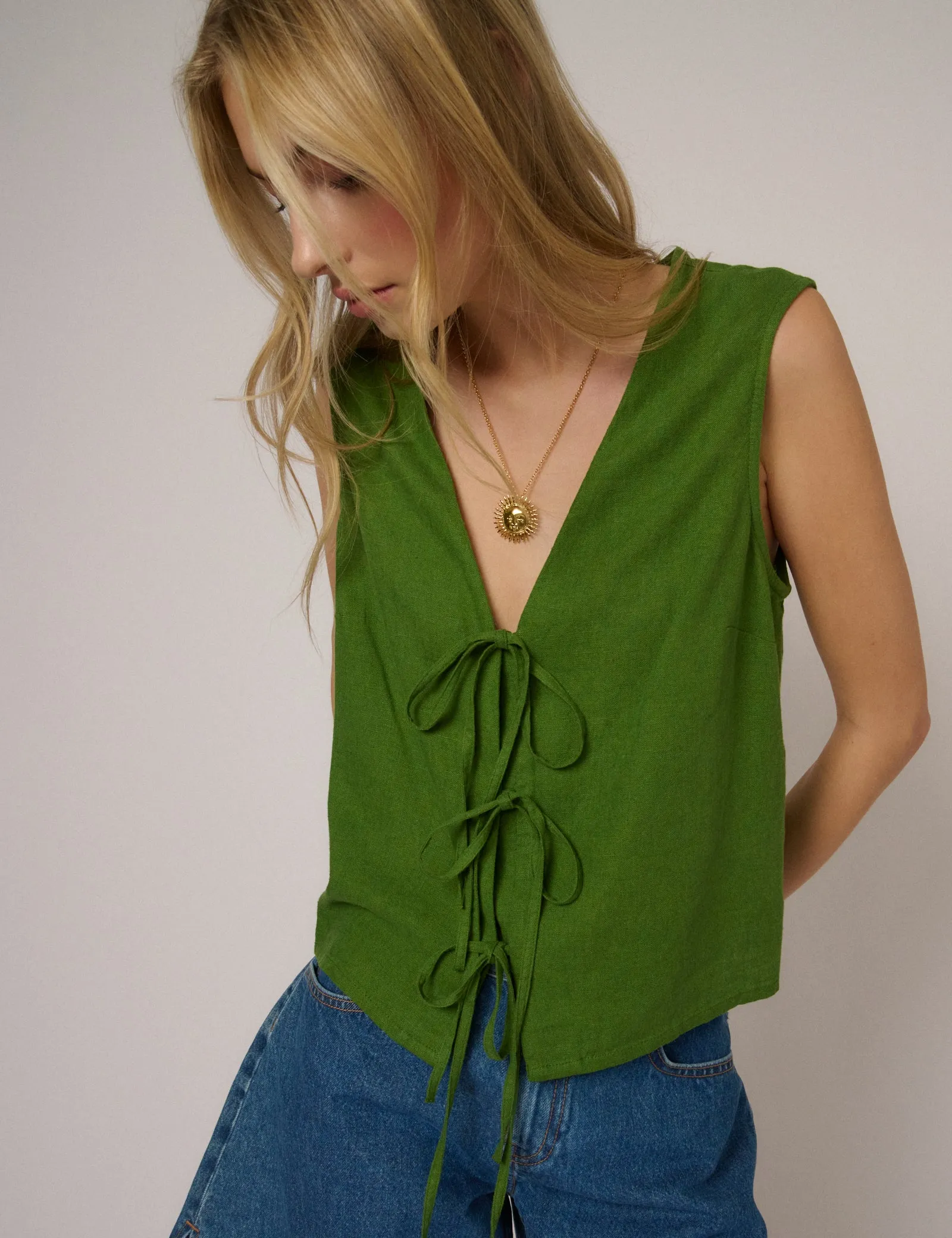 Green Linen-Blend Tie Front Tessa Top sold by Nobody's Child product image thumbnail 2