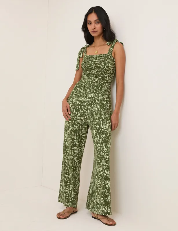 Green Polka Dot Tie Shoulder Jersey Jumpsuit sold by Nobody's Child