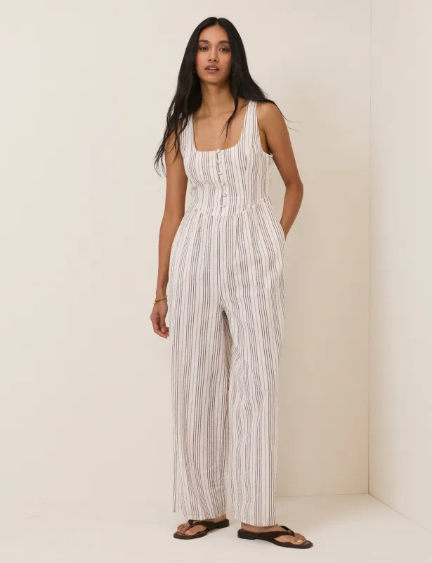 White Pinstripe Cora Jumpsuit sold by Nobody's Child