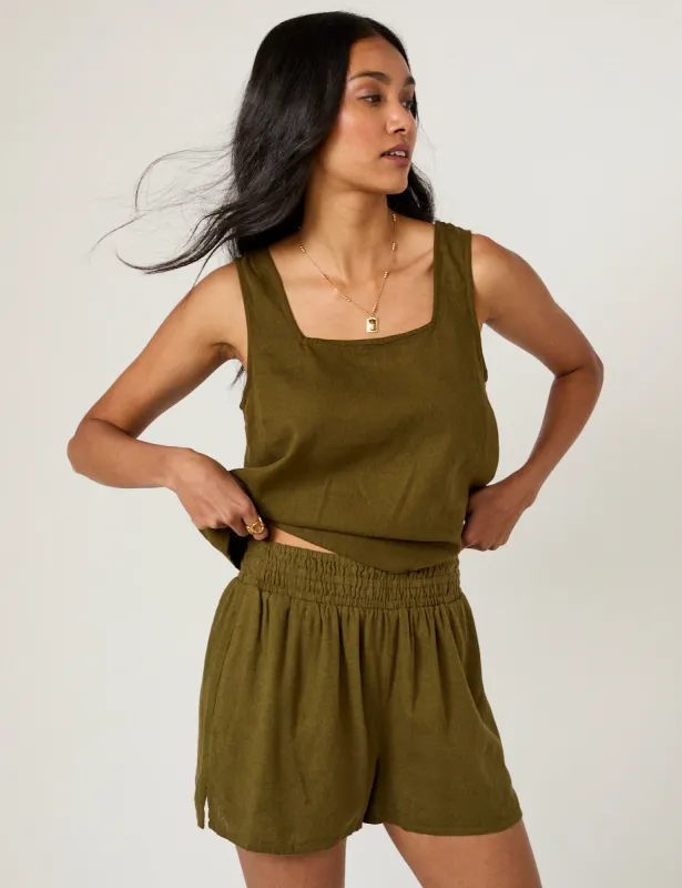 Khaki Green Linen-Blend Shorts sold by Nobody's Child
