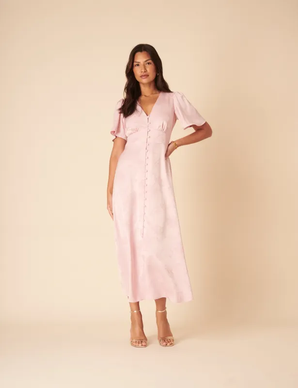 Soft Pink Floral Jaquard Bridesmaids Erin Midi Dress sold by Nobody's Child