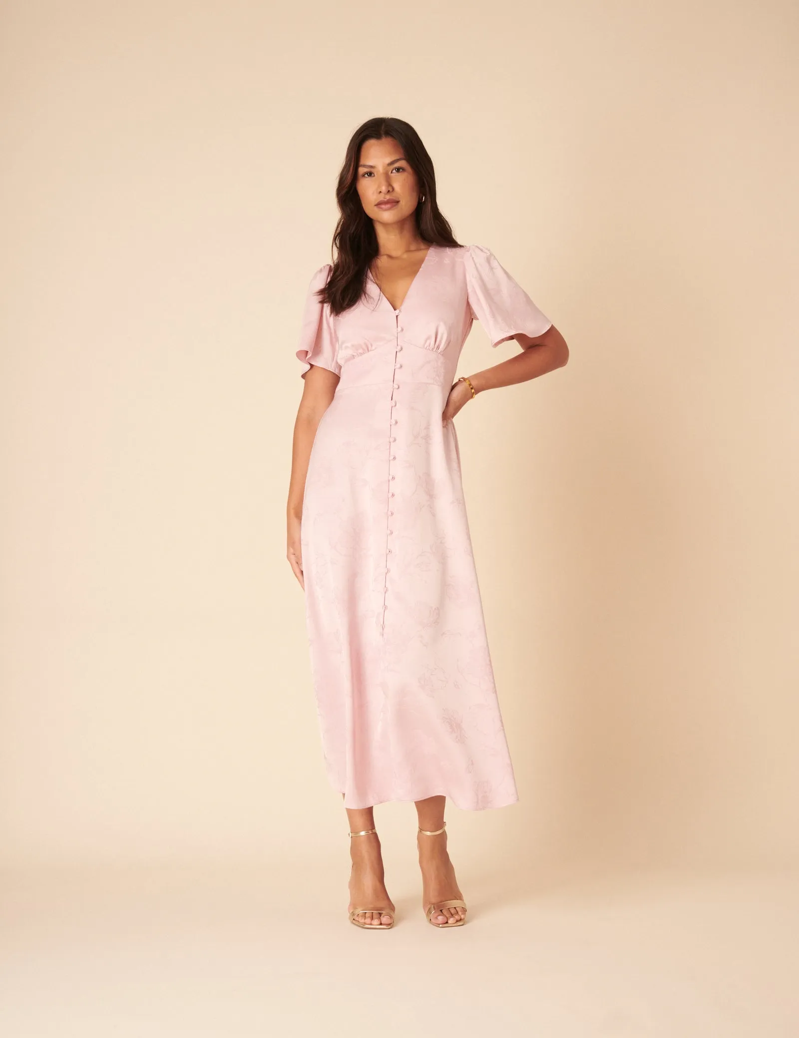 Soft Pink Floral Jaquard Bridesmaids Erin Midi Dress sold by Nobody's Child