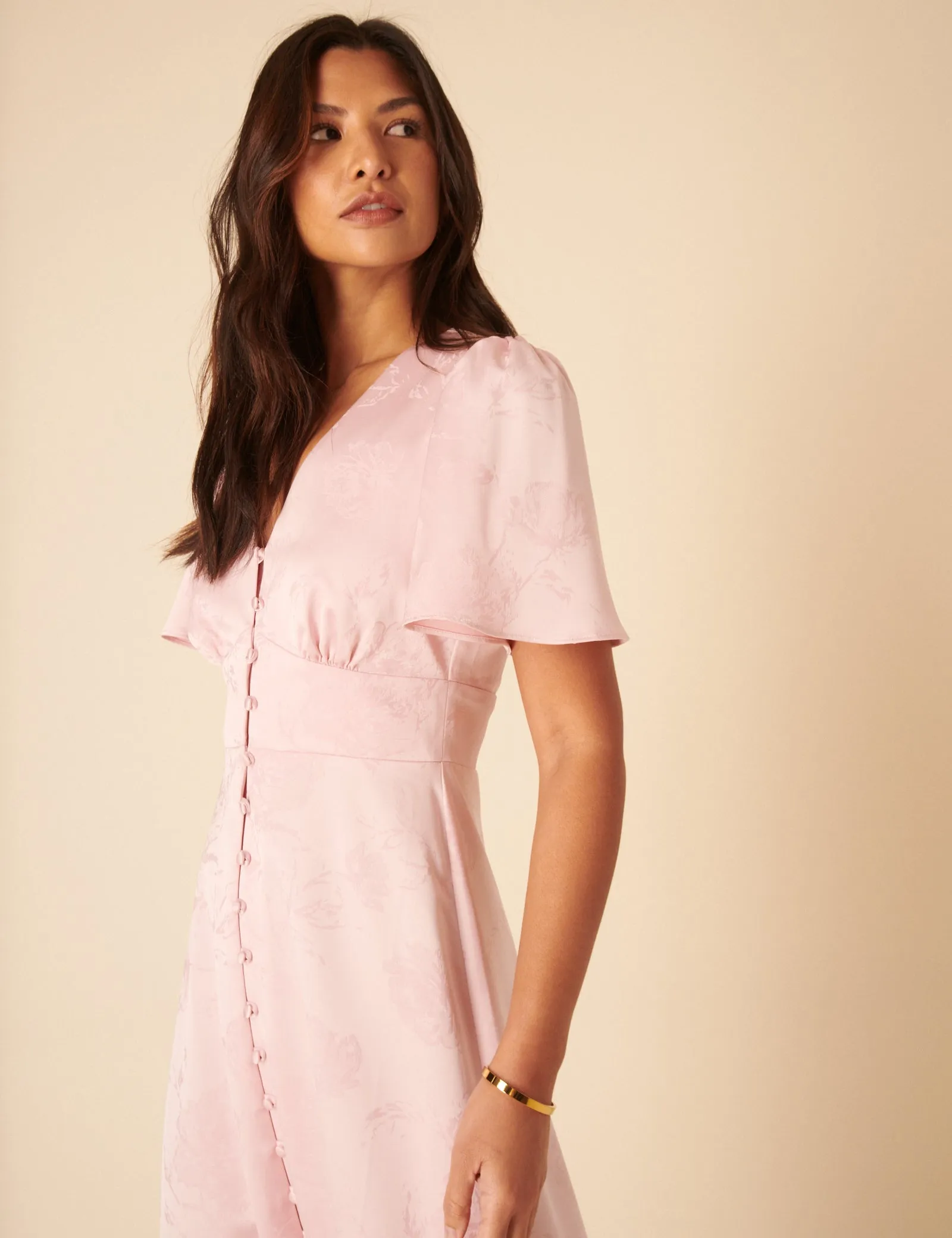 Soft Pink Floral Jaquard Bridesmaids Erin Midi Dress sold by Nobody's Child product image thumbnail 5