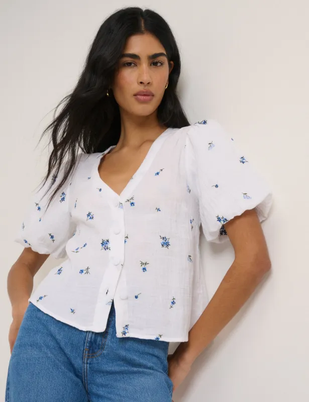 White Ditsy Floral Puff Sleeve Top sold by Nobody's Child