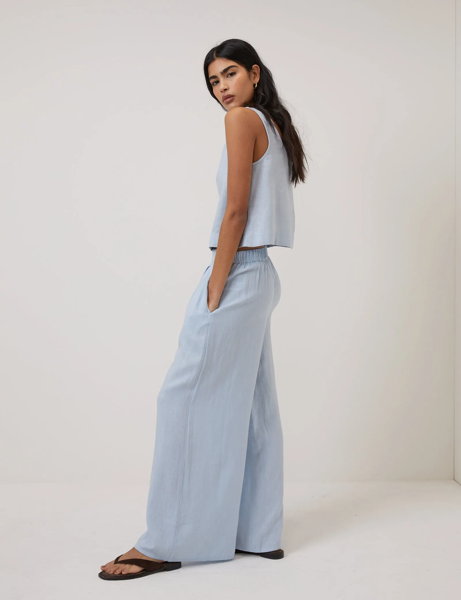 Light Blue Linen-Rich Wide Leg Trousers sold by Nobody's Child product image thumbnail 5