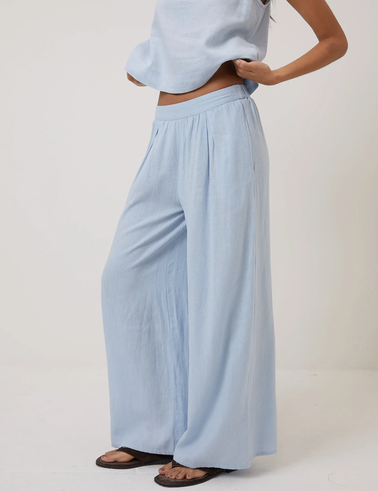 Light Blue Linen-Rich Wide Leg Trousers sold by Nobody's Child