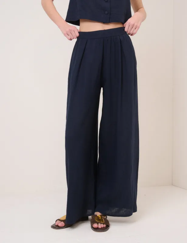 Navy Linen-Blend Wide Leg Trousers sold by Nobody's Child