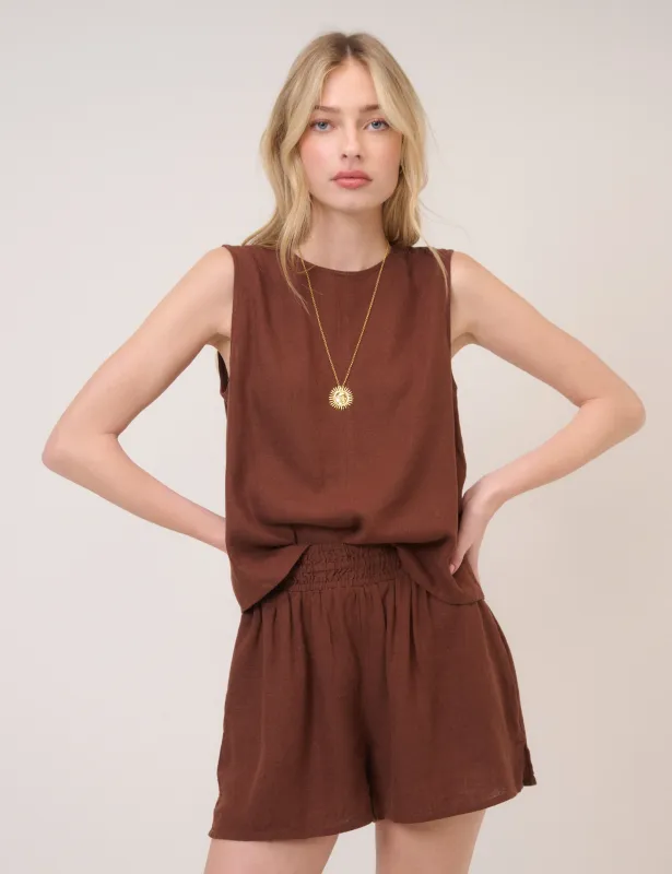 Brown Linen-Blend Elasticated Waist Shorts sold by Nobody's Child