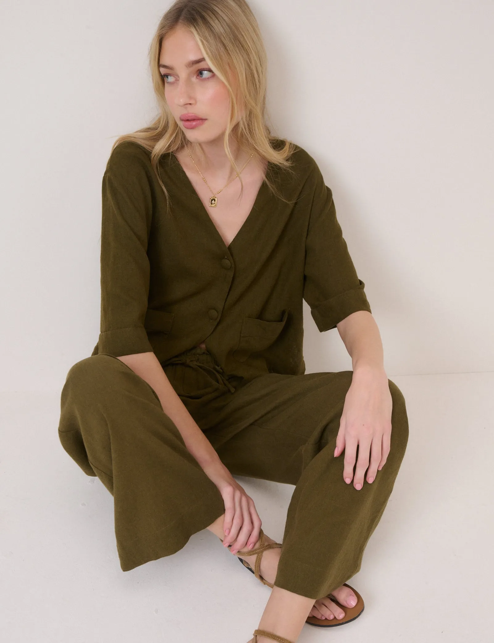 Khaki Green Linen-Blend Straight Leg Trousers sold by Nobody's Child product image thumbnail 5