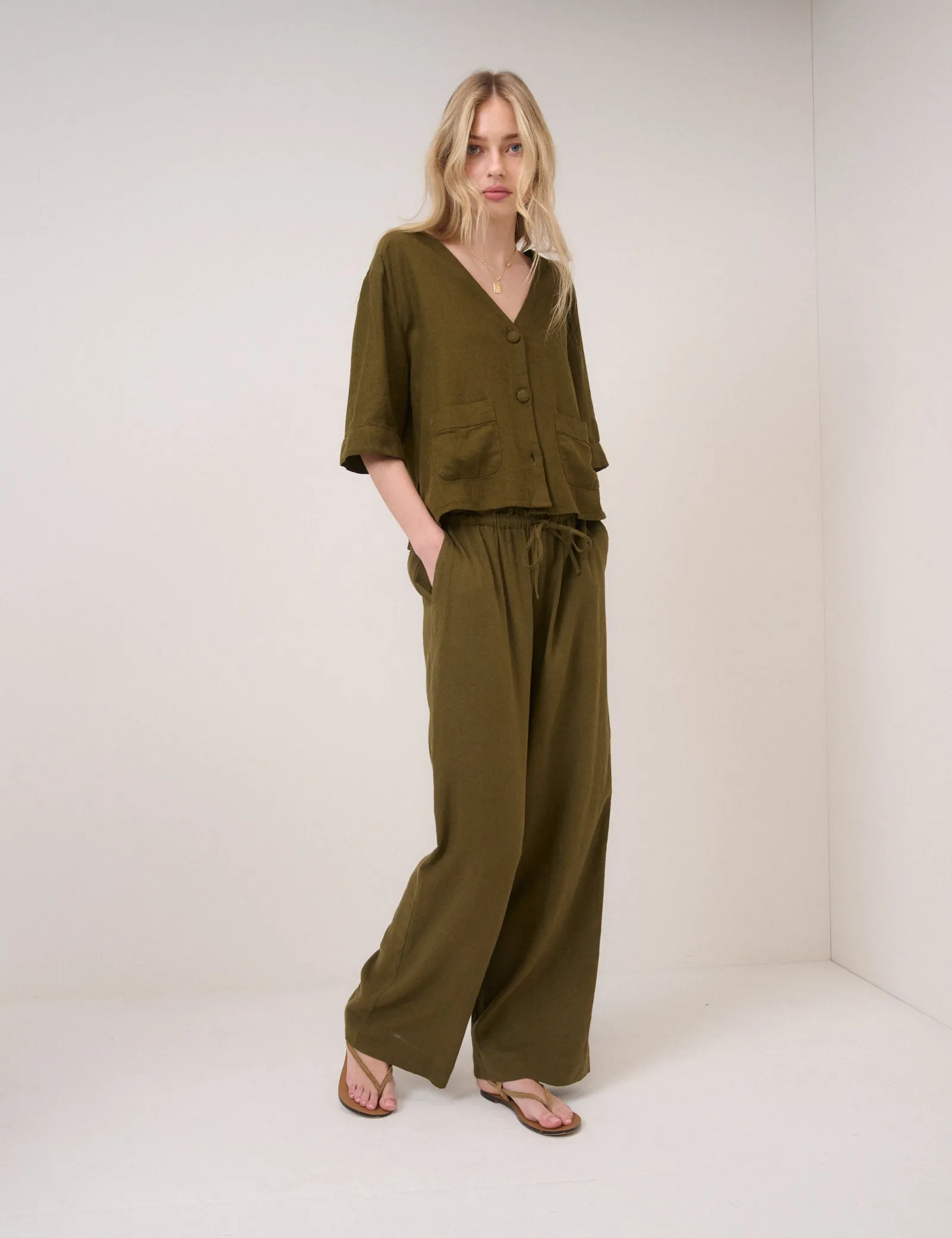 Khaki Green Linen-Blend Straight Leg Trousers sold by Nobody's Child