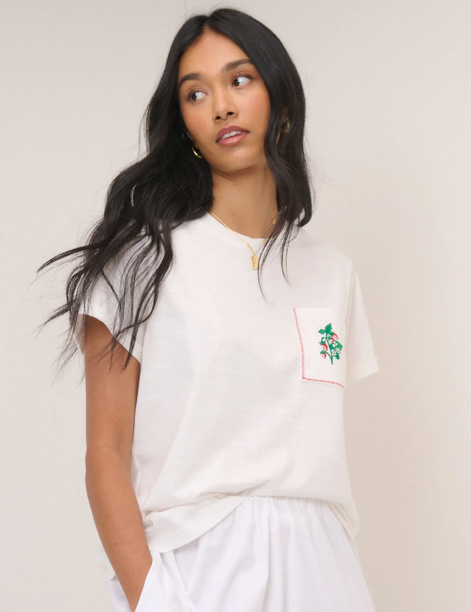 White Embroidered Pocket T-Shirt sold by Nobody's Child