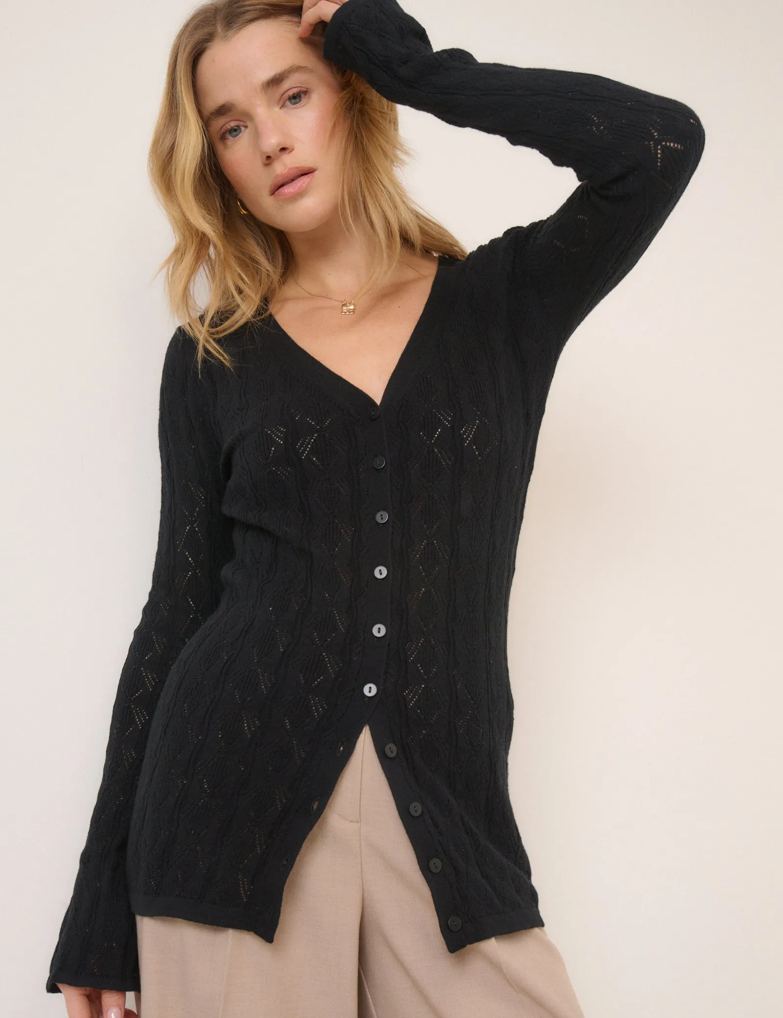 Black Pointelle V-Neck Cardigan sold by Nobody's Child product image thumbnail 3