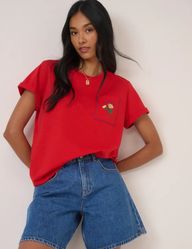 Red Embroidered Pocket T-Shirt sold by Nobody's Child