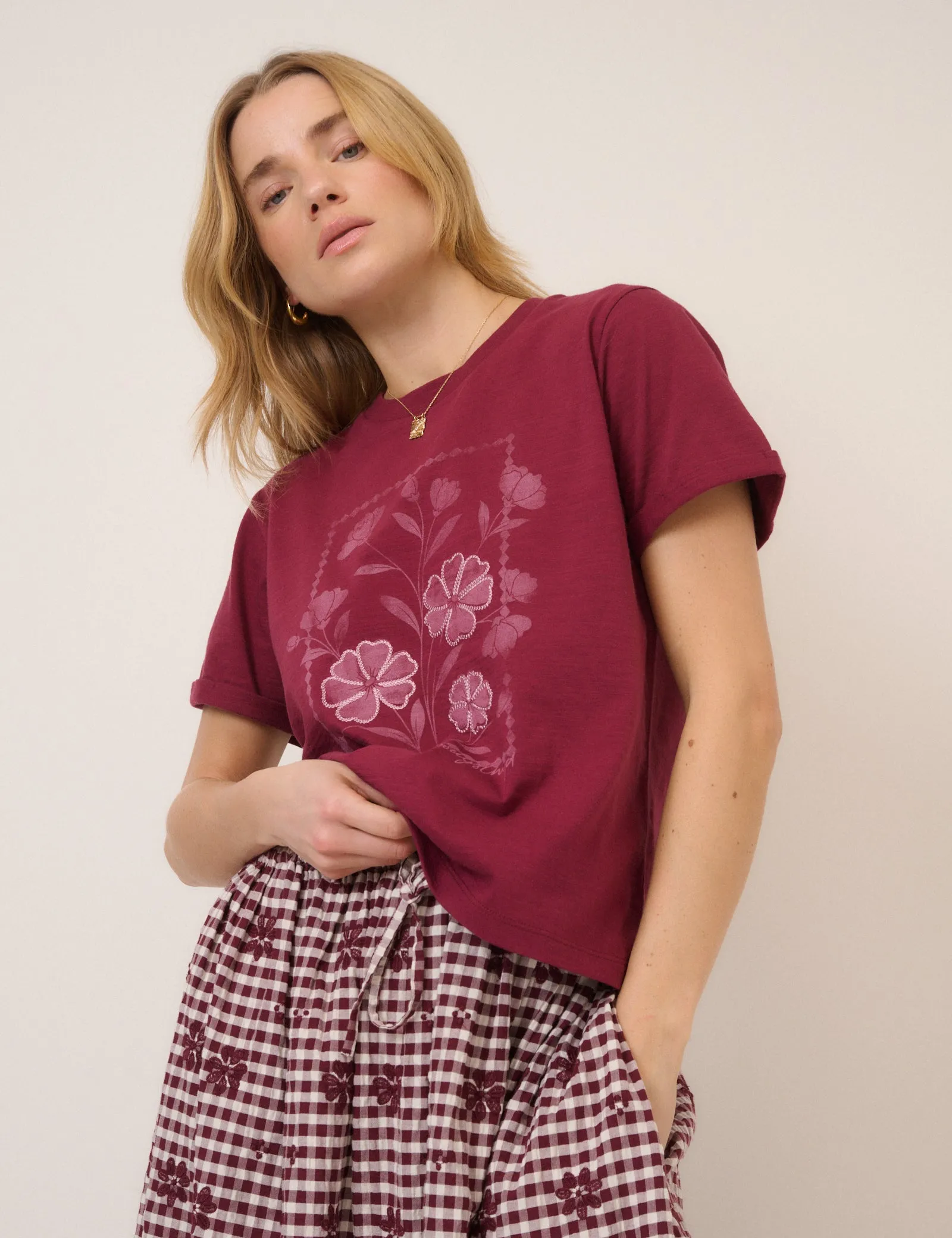 Burgundy Flower Graphic T-Shirt sold by Nobody's Child