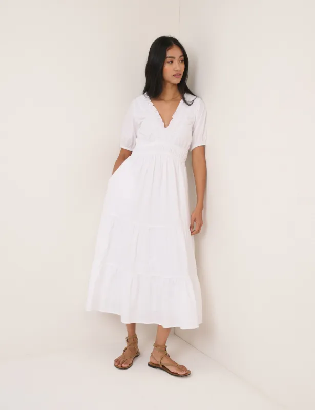 White Tiered Madison Midi Dress sold by Nobody's Child