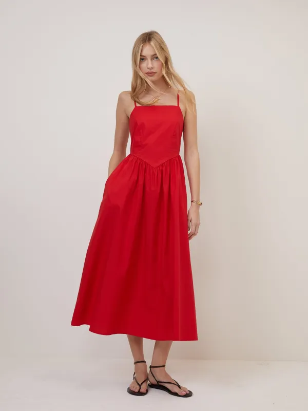 Red Fitted Bodice Briella Midi Dress sold by Nobody's Child