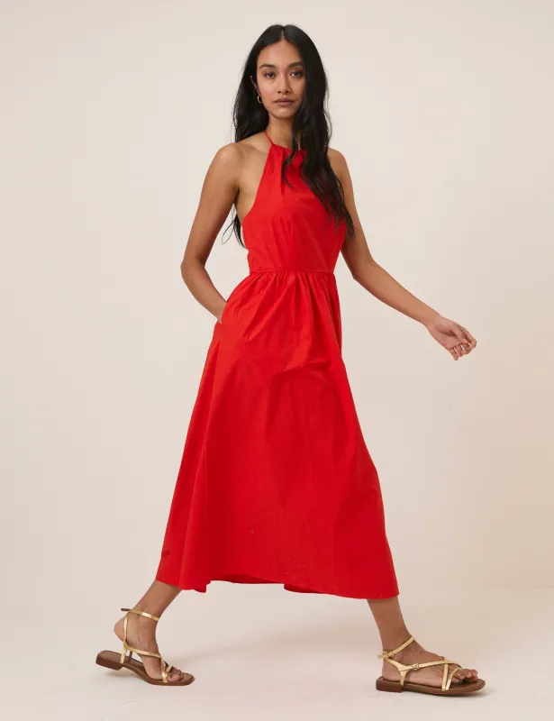 Red Halterneck Amber Midi Dress sold by Nobody's Child