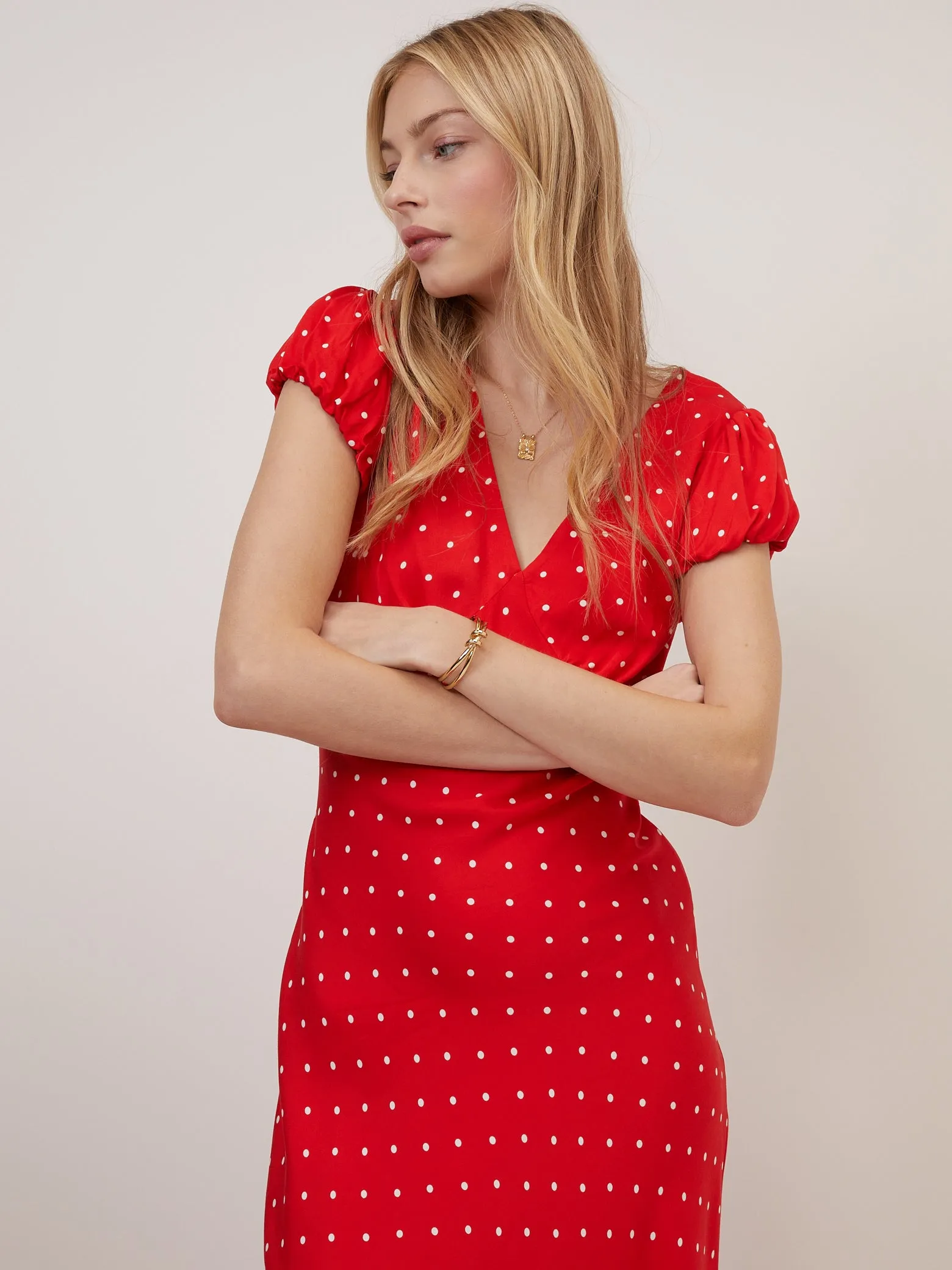 Red Polka Dot V Neck Lina Midi Dress sold by Nobody's Child product image thumbnail 2
