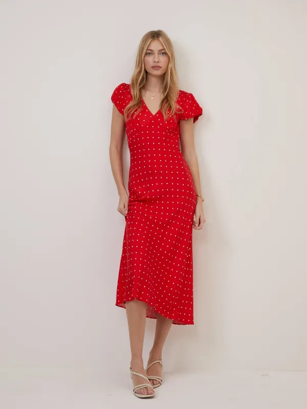 Red Polka Dot V Neck Lina Midi Dress sold by Nobody's Child